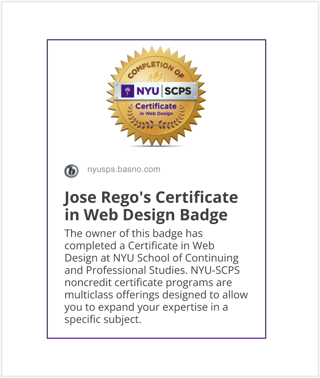 New York University, SCPS certification — Certificate in Web Design
